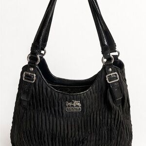 Coach Black Ruched Leather Shoulder Tote with Silver Hardware
